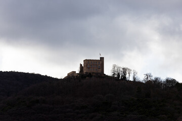 Fototapeta na wymiar old Hambach Castle in winter from behind on a mountain with trees