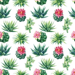 Fotobehang Tropische Bladeren Seamless pattern with succulents. Watercolor botanical illustration, background succulents, haworthia, cacti, echeveria  © Hanna