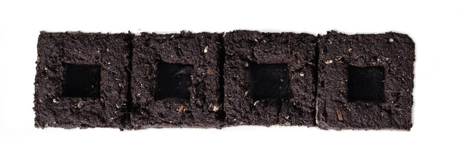 Seed starter soil blocks, top view. Brown pressed wet potting soil made with a soil block maker, ready for seeds or transplants of smaller soil blocks. Gardening backdrop texture. Isolated on white.