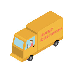 Delivery truck with courier isometric 3d. Fast delivery shipping service. Vector illustration.