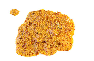 Whole grain mustard. French mustard is isolated on a white background.