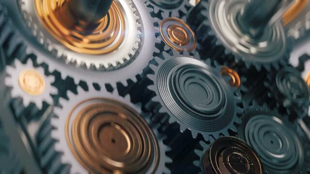 Cogwheel mechanism close-up, rotating machine gears, technology, machinery. 3d animation, loopable background