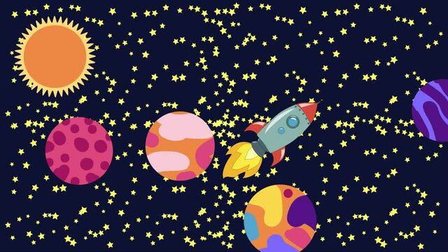 Cartoon Space. Cartoon rocket flies in outer space past the suspended planets, satellites and other objects. Flat loopback animation.