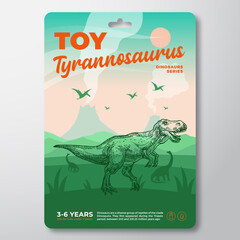 Toy Dinosaur Label Template. Abstract Vector Packaging Design Layout. Modern Typography with Prehistoric Volcano Landscape and Hand Drawn Tyrannosaurus Rex Sketch Background. Isolated