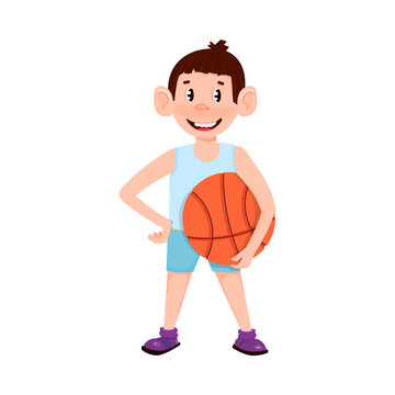 Cute boy holding a basketball ball - cartoon style.