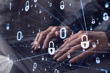 A woman programmer is typing a code on computer to protect a cyber security from hacker attacks and save clients confidential data. Padlock Hologram icons over the typing hands. Formal wear.