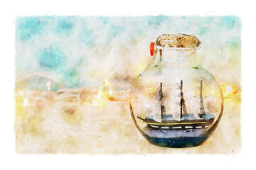 watercolor style abstract image of nautical concept with old boat in the bottle