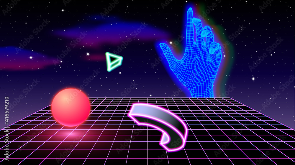 Poster vaporwave or synthwave abstract concept with glitchy glowing hand, neon shapes and grid floor. 80s o
