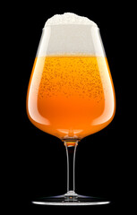 Frosty glass of fresh light beer with bubble froth isolated on black background.