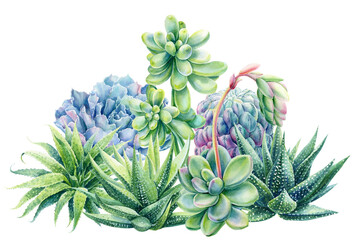Composition of succulents haworthia, aloe, echeveria, cactus, watercolor botanical painting, card with green plants