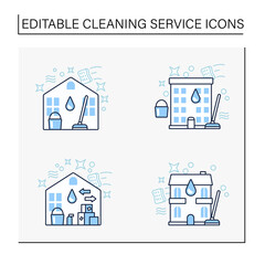 Cleaning services line icons set.Consists of house, residential and move out cleaning, apartment. Cleanup concepts.Isolated vector illustrations.Editable stroke