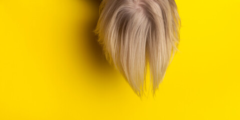 Blond child hangs upside down. No face visible. Yellow background.