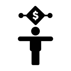 Digital dollar currency icon vector symbol with male person for transaction in a glyph pictogram illustration