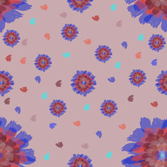 Floral seamless pattern with brown and purple colors on a beige background. Spring flowering elements. For textiles, wallpapers, backgrounds and postcards.