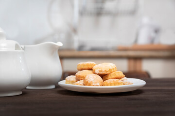 Homemade cookies on wooden kitchen table. Baking for tea