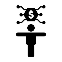 Digital dollar icon vector currency symbol with male person for currency transaction in a glyph pictogram illustration