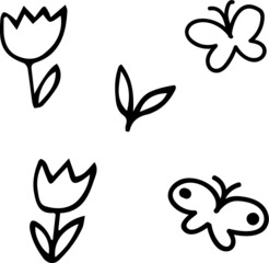 Decorative hand drawn doodles. Vector decoration ornament, flowers and butterfly.
Hand drawn vector isolate on white background.
