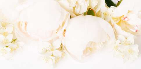 Beautiful aromatic fresh blossoming tender pink peonies texture, close up view. Romantic background