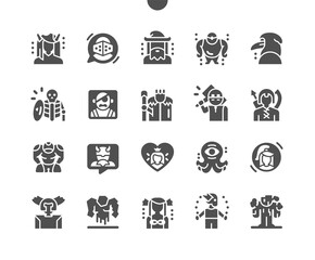 Fantastic characters. Fantasy, personage, person, cute, monster, mythology, magic and fairytale. Princess, wizard, cyclops, gnome, kraken and other. Vector Solid Icons. Simple Pictogram