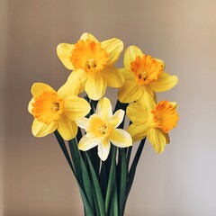 Beautiful bouquet of fresh yellow daffodil flowers in full bloom in vase against white background, close up. Space for text. Spring blossoms. Still life with bunch of narcissuses.