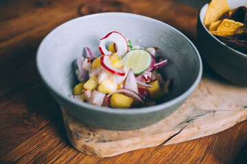 Vegan or vegetarian restaurant food. Vegetarian lifestyle. Healthy food. Green healthy vegetarian salad for lunch.