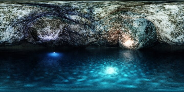 Cave, underground lake, grotto, HDRI, environment map , Round panorama, spherical panorama, equidistant projection, 360 high resolution panorama 