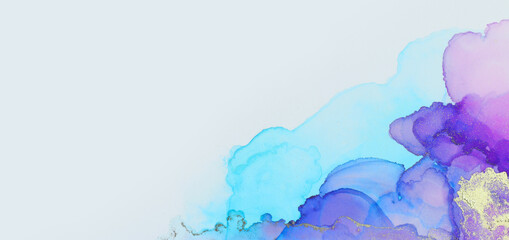 art photography of abstract fluid art painting with alcohol ink, blue, purple and gold colors