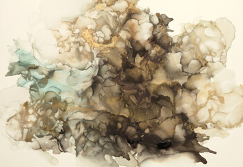Abstract brown and gold glitter color horizontal background. Marble texture. Alcohol ink colors.