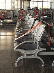 September 2020, airport of Antalya, Turkey. Empty seats with an indication of where it is possible to sit to maintain the social distance during coronavirus pandemic