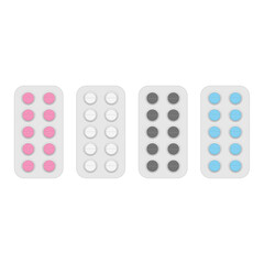 Set of vector pills. Medical vitamin pharmacy illustration in flat style. Icons of medicament. Tablets different colors in blisters. Pharmacy and drug symbols.