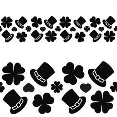 Black hats and clover leaves on white background. Seamless horizontal border. Isolated on white. Graphic black-white illustration. St.Patrick's day. Template for coloring, textures and another design.