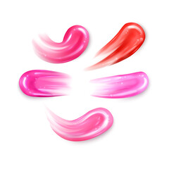 Illustration of a collection of strokes of liquid lipsticks, pink liquid lipstick on white background. Elements of the design of advertising posters, leaflets for the promotion of decorative cosmetics