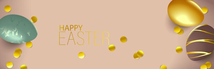 Happy easter banner. Realistic colored eggs, golden confetti. Vector