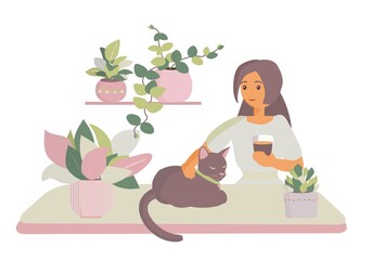 Fototapeta na wymiar Young girl drink coffee in room with house plants and her cat Cartoon illustration