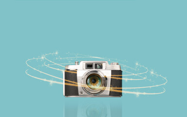 Fototapeta premium Human eye in vintage camera lens. Concept of photographic vision.