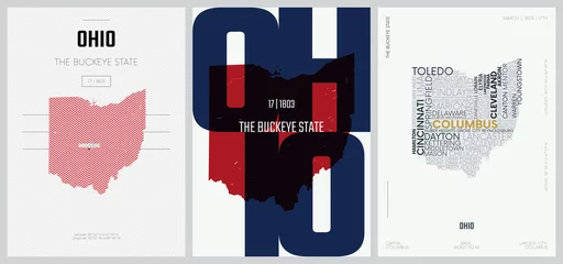 Fotobehang 17 of 50 sets, US State Posters with name and Information in 3 Design Styles, Detailed vector art print Ohio map © max_776