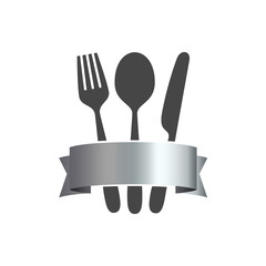Cutlery vector icon. Fork, knife, tablespoon sign. Food emblem. Serving. Black silhouette on white background.