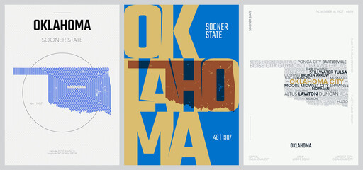 46 of 50 sets, US State Posters with name and Information in 3 Design Styles, Detailed vector art print Oklahoma map - obrazy, fototapety, plakaty