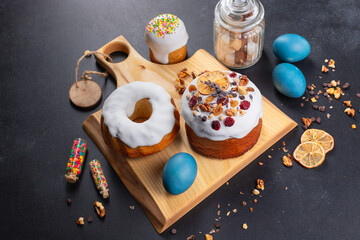 Easter cake and eggs festive sweet treat holiday on the table meal snack outdoor top view copy space  food background rustic dessert 