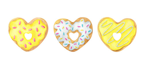 A set of heart-shaped doughnuts with yellow icing and sprinkles. Watercolor illustration of a cute bagel isolated on a white background. doughnut clipart for romantic food print design