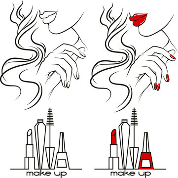 Vector line art set : part of young beautiful girl's face and female cosmetic. Long hair, neck, hand, manicure, pretty lips, lipstic, mascara, nail polish. Elements for design beauty salon.