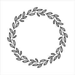 Vector hand drawn spring wreath isolated on white background. Outline circle of leaves. Doodle style. Floral frame.