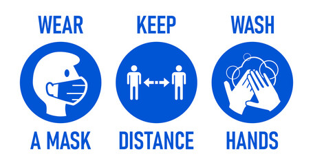 Wear a Mask, Keep Distance, Wash Hands Round Coronavirus Covid-19 Warning Icon Set. Vector Image.