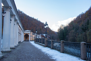 Ethnopark called My Russia with buildings of different ethnic groups in Rosa Khutor, Russia