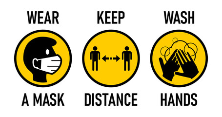 Wear a Mask, Keep Distance, Wash Hands Round Coronavirus Covid-19 Warning Icon Set. Vector Image.