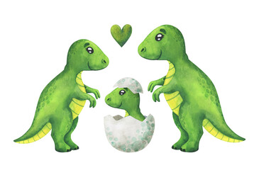 A family of green tyrannosaurs with a baby in its shell. Children's watercolor illustration on a white background. Dino clipart for decor, stickers, prints with historical animals