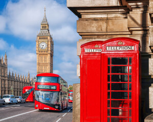 London symbols with BIG BEN, DOUBLE DECKER BUSES and Red Phone Booths in England, UK - 416589056