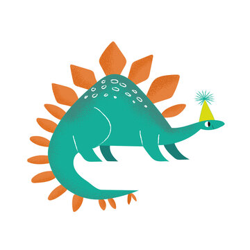 Cute dinosaur in flat style. Сharacter vector illustration in cartoon style. Funny dino. Baby design for birthday invitation or baby shower, poster and card. Textile print. Stegosaurus.