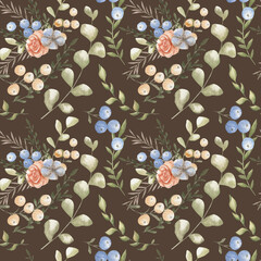 
Seamless pattern on a dark background hand-drawn.
Forest plants. Watercolor illustration. For textiles and postcards.