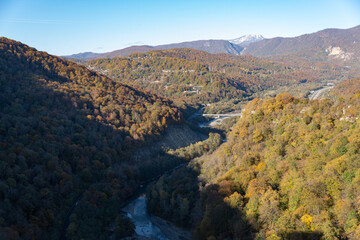 Panoramic view of the Akhshtyr gorge from Sky bridge in Skypark in Sochi, Russia